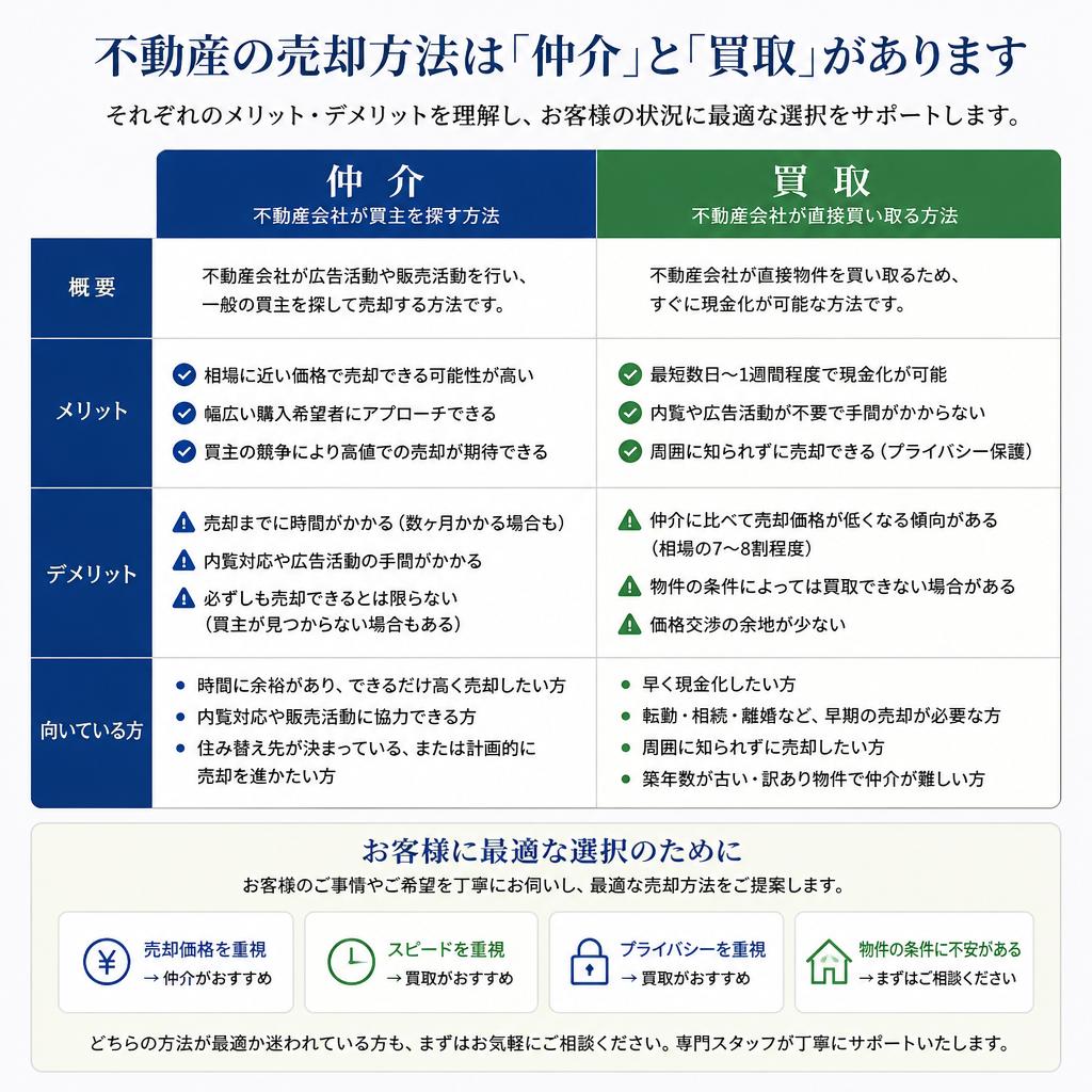 仲介と買取、あなたに合った方法を選べる！